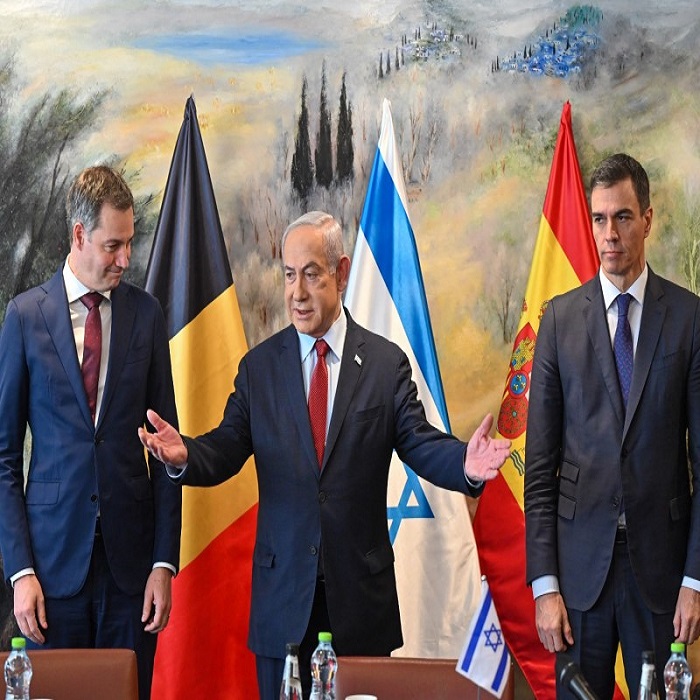 PM Benjamin Netanyahu with Spanish PM Pedro Sanchez and Belgian PM Alexander De Croo